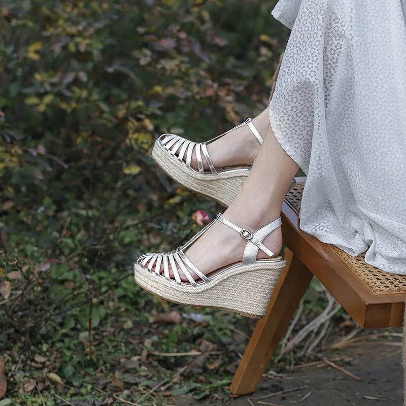 95mm Slingback Espadrille-Wedge Leather Sandals Ankle Strap in Beige/Silver