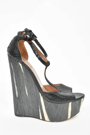 Alaia Black Snake Embossed T-Strap Wooden Wedge Heels Size 36.5