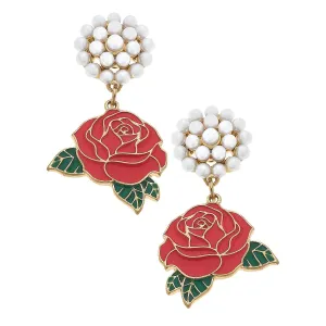 Derby Rose Enamel Drop Earrings with Pearl Cluster