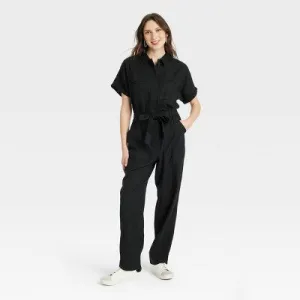 New - Women's Short Sleeve Linen Boilersuit - Universal Thread Black 4