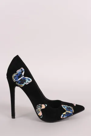 Shoe Republic LA Suede Embroidered Butterfly Stiletto Pump